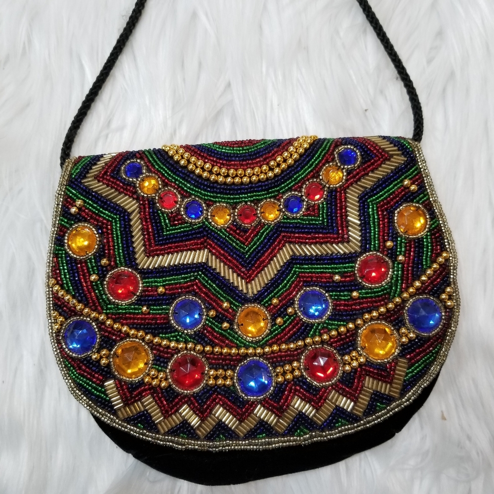 Sorpresa Croosbody Black Velvet Bag With Multicolored Beads...